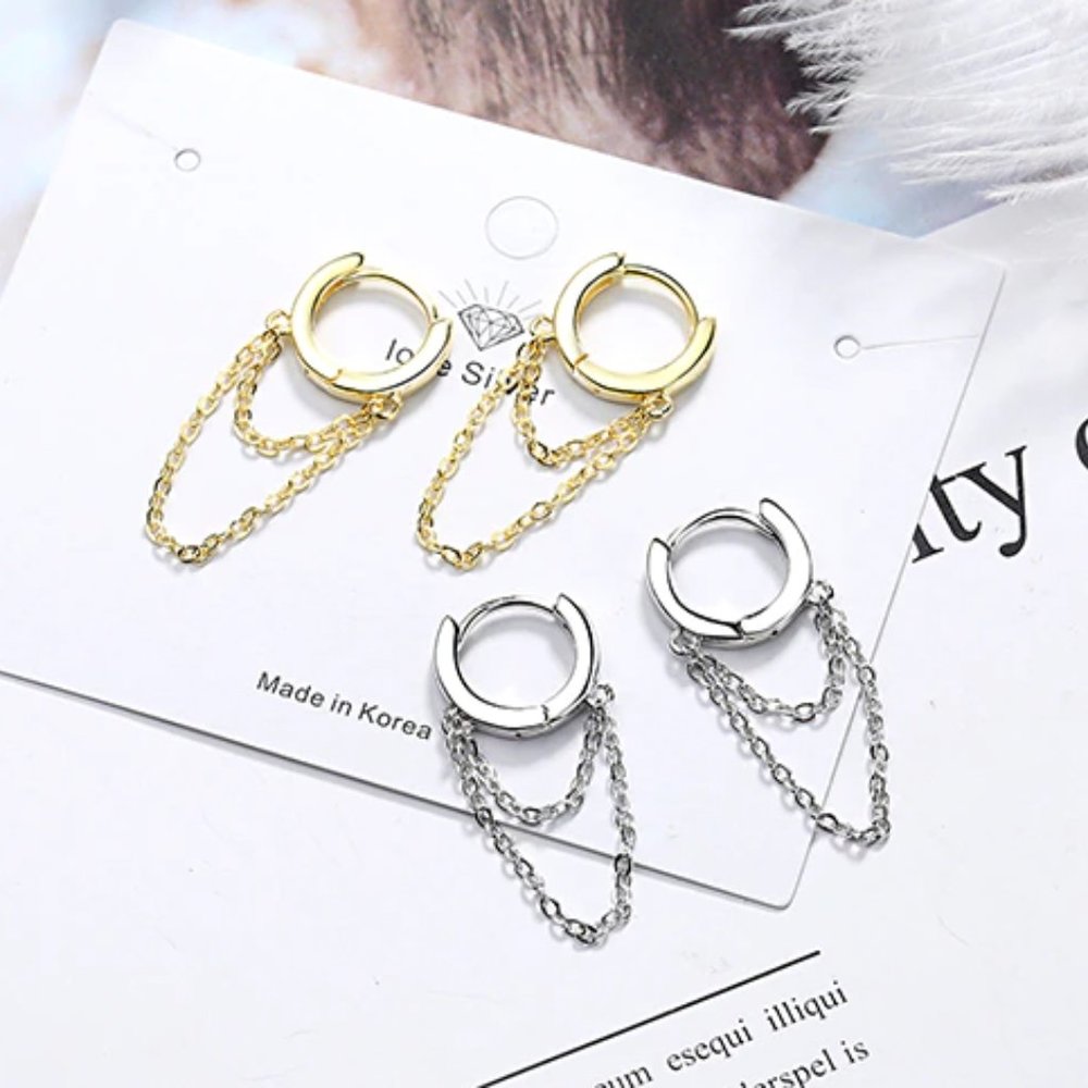 NEW Silver Gold Punk Style Double Layer Chain Hoop Earring